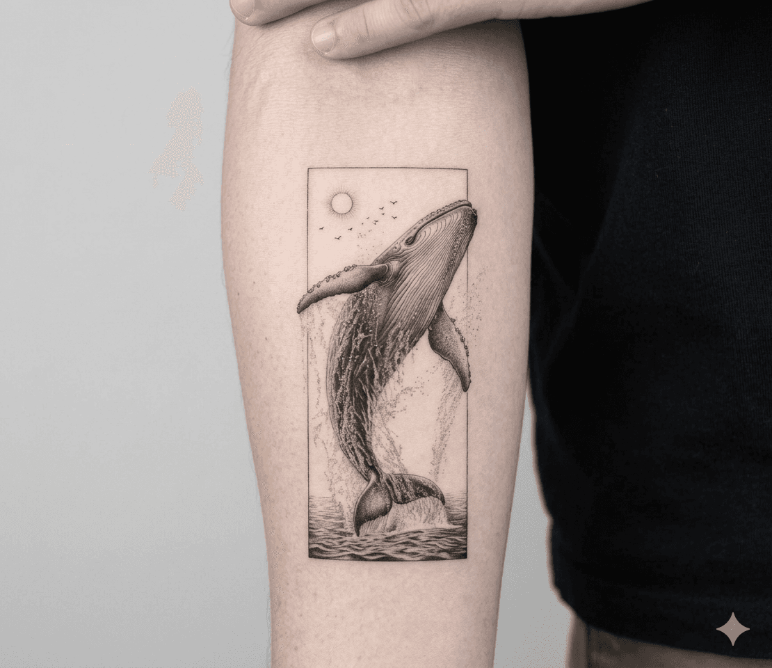 Saut de Baleine — flash fineline. microrealism noir et blanc par JM, Mahavéli Tattoo Saint-Denis